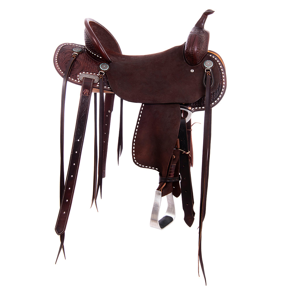 Burns Chocolate SO/RO Barrel Saddle - Round - 1/2 Diamon Waffle w/ Sunflower - Standard Binding