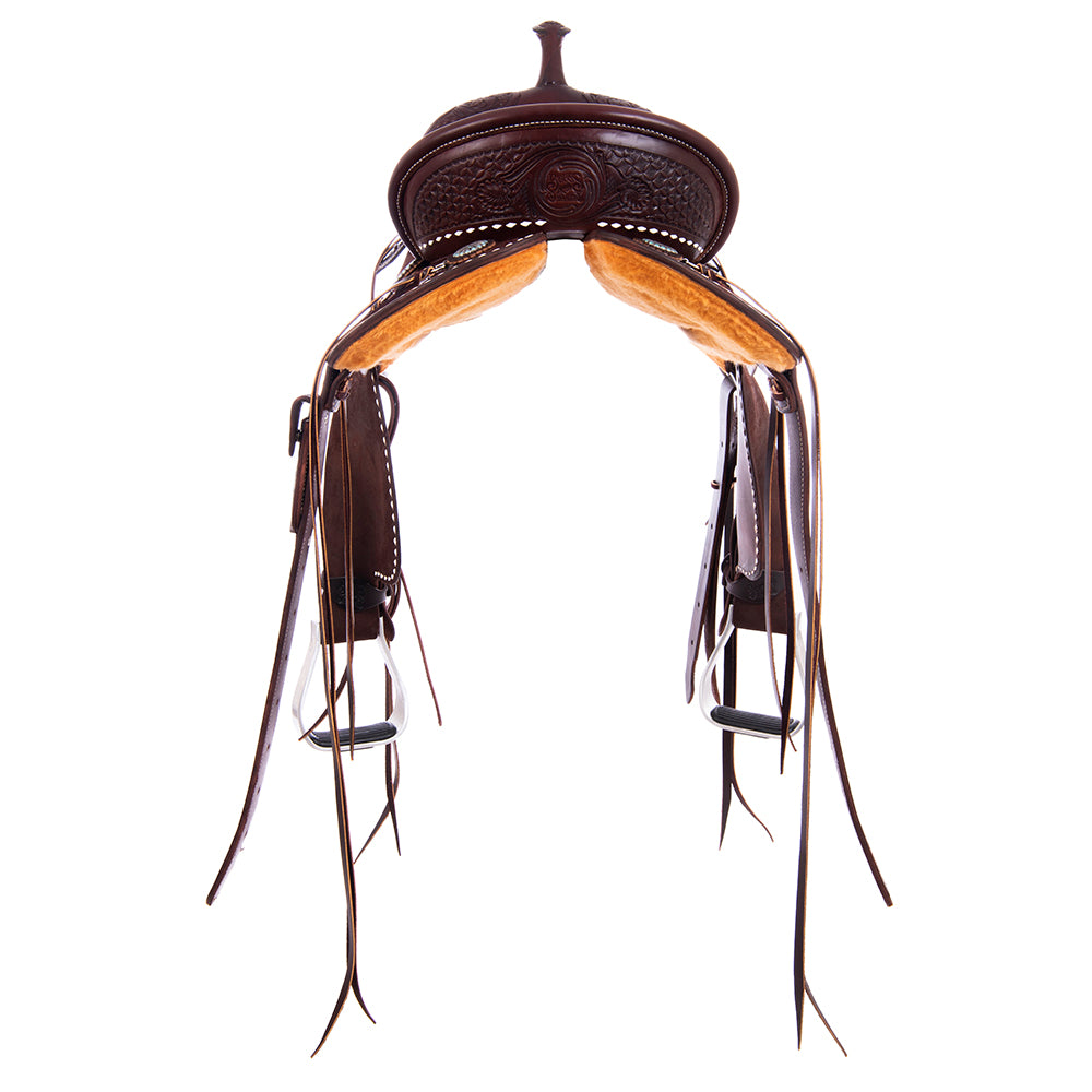 Burns Chocolate SO/RO Barrel Saddle - Round - 1/2 Diamon Waffle w/ Sunflower - Standard Binding