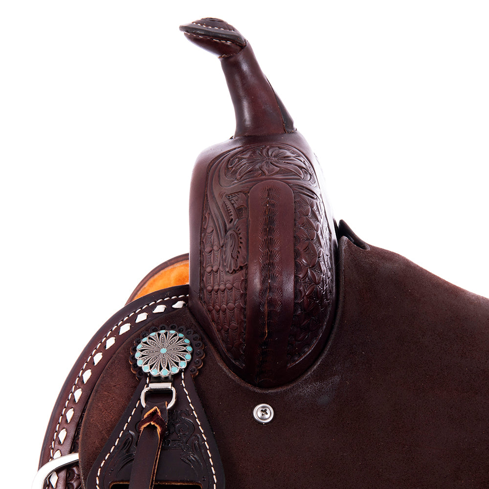 Burns Chocolate SO/RO Barrel Saddle - Round - 1/2 Diamon Waffle w/ Sunflower - Standard Binding