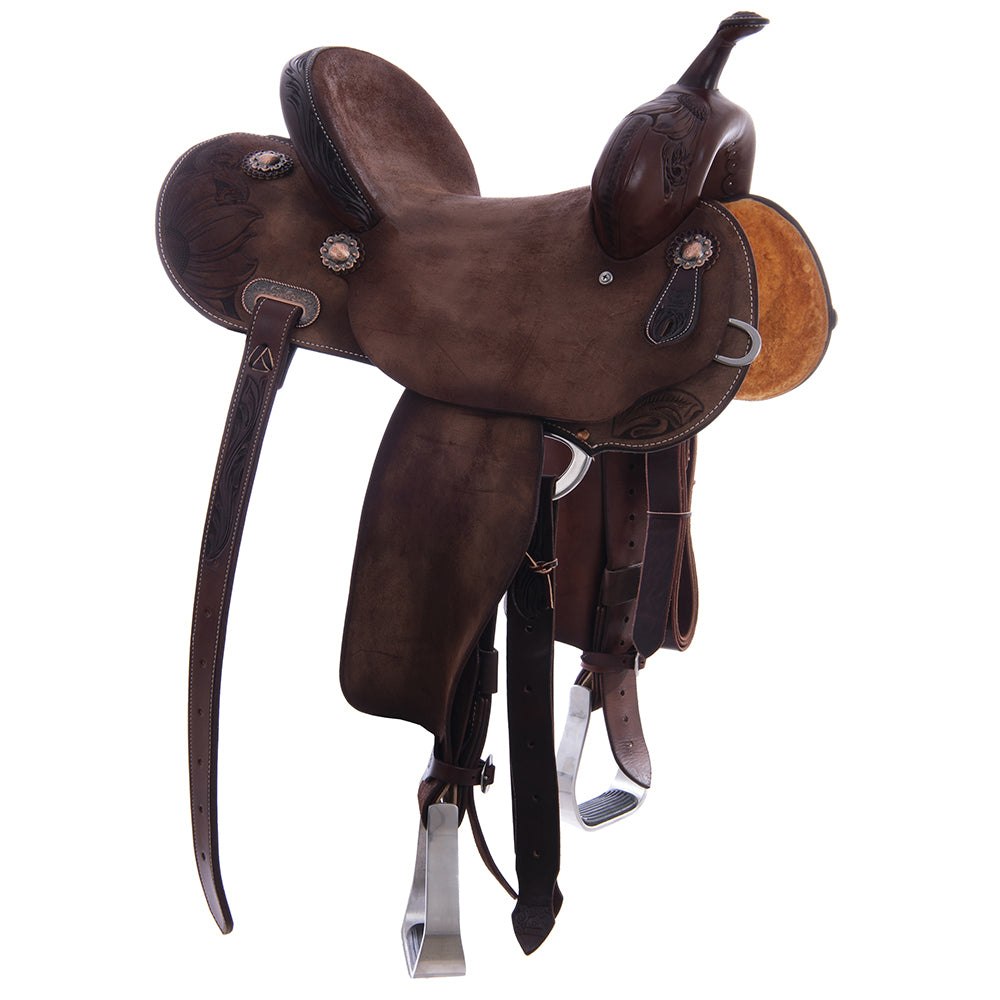 Barrel Saddle – Chocolate Smoothout/Roughout, Round Skirt, Half Sunny Daze Floral Corner Tooling