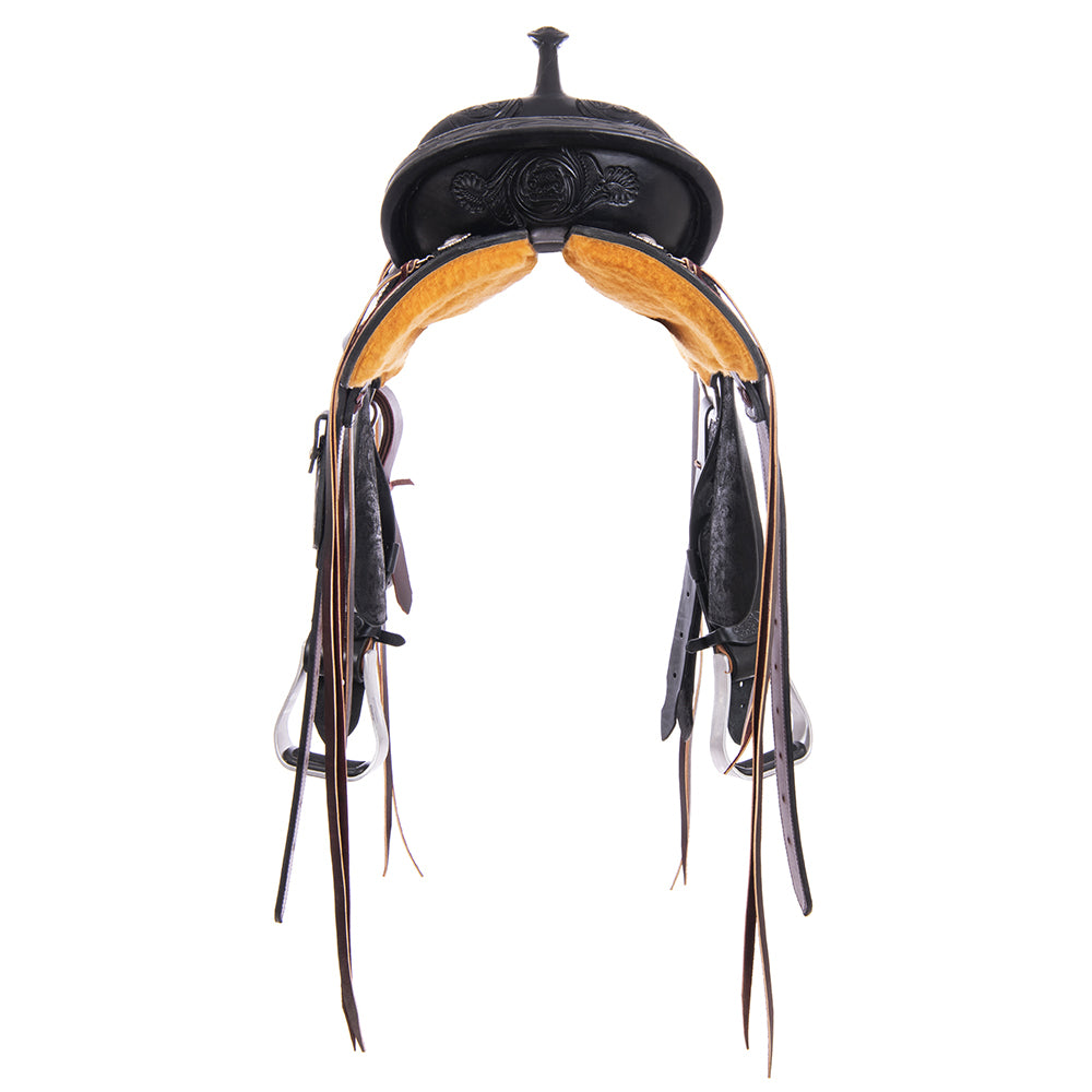 Barrel Saddle – Black Smoothout, Round Skirt, D. Daisy Floral Corner Tooling