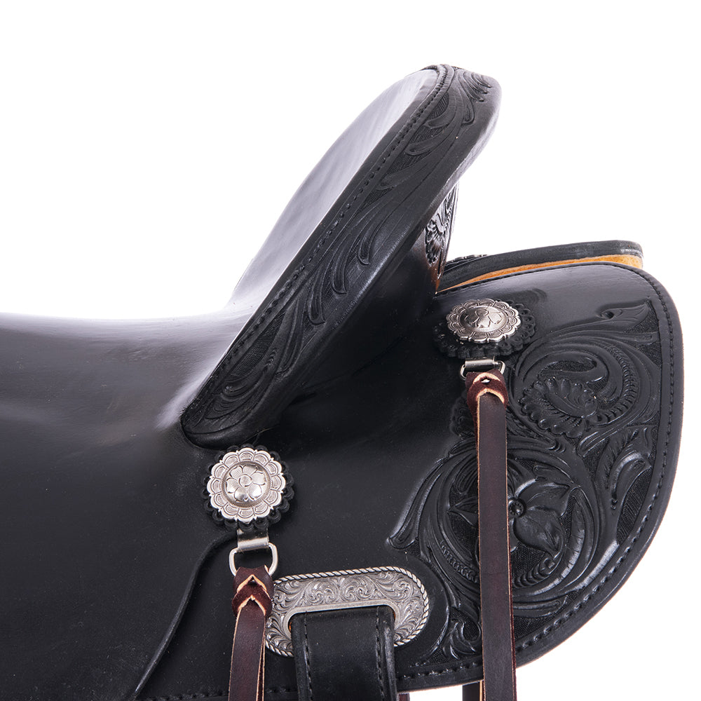 Barrel Saddle – Black Smoothout, Round Skirt, D. Daisy Floral Corner Tooling