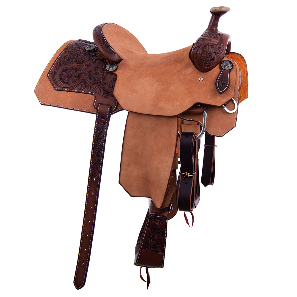 Chocolate and Russet Rope Saddle- Notched Skirts 1/4 Sunny D Tooling 14.5" Seat