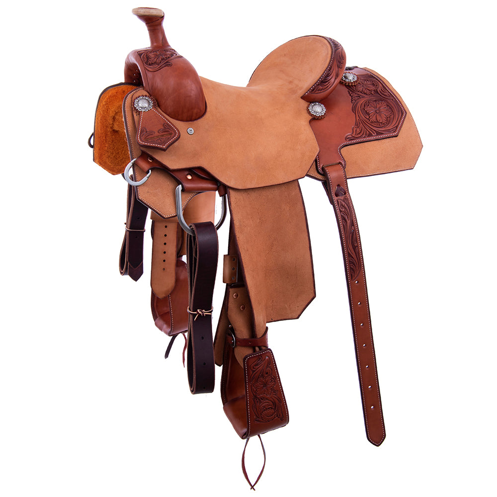 CHESTNUT AND RUSSET ROPE SADDLE- NOTCHED SKIRTS 1/4 WYO FLORAL TOOLING 14" SEAT