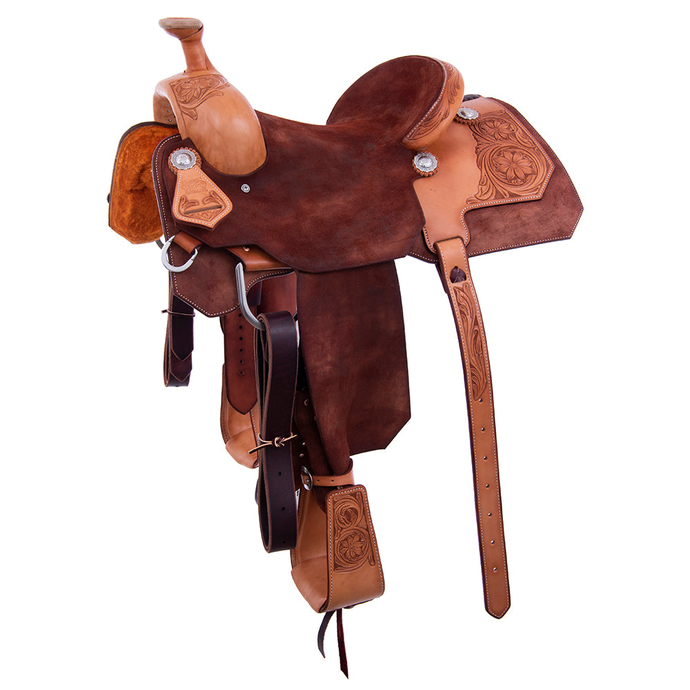 Chestnut and Russet Rope Saddle - Notched Skirts 1/4 Sunflower Tooling 14" Seat