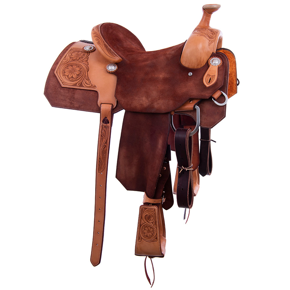 Chestnut and Russet Rope Saddle - Notched Skirts 1/4 Sunflower Tooling 14" Seat