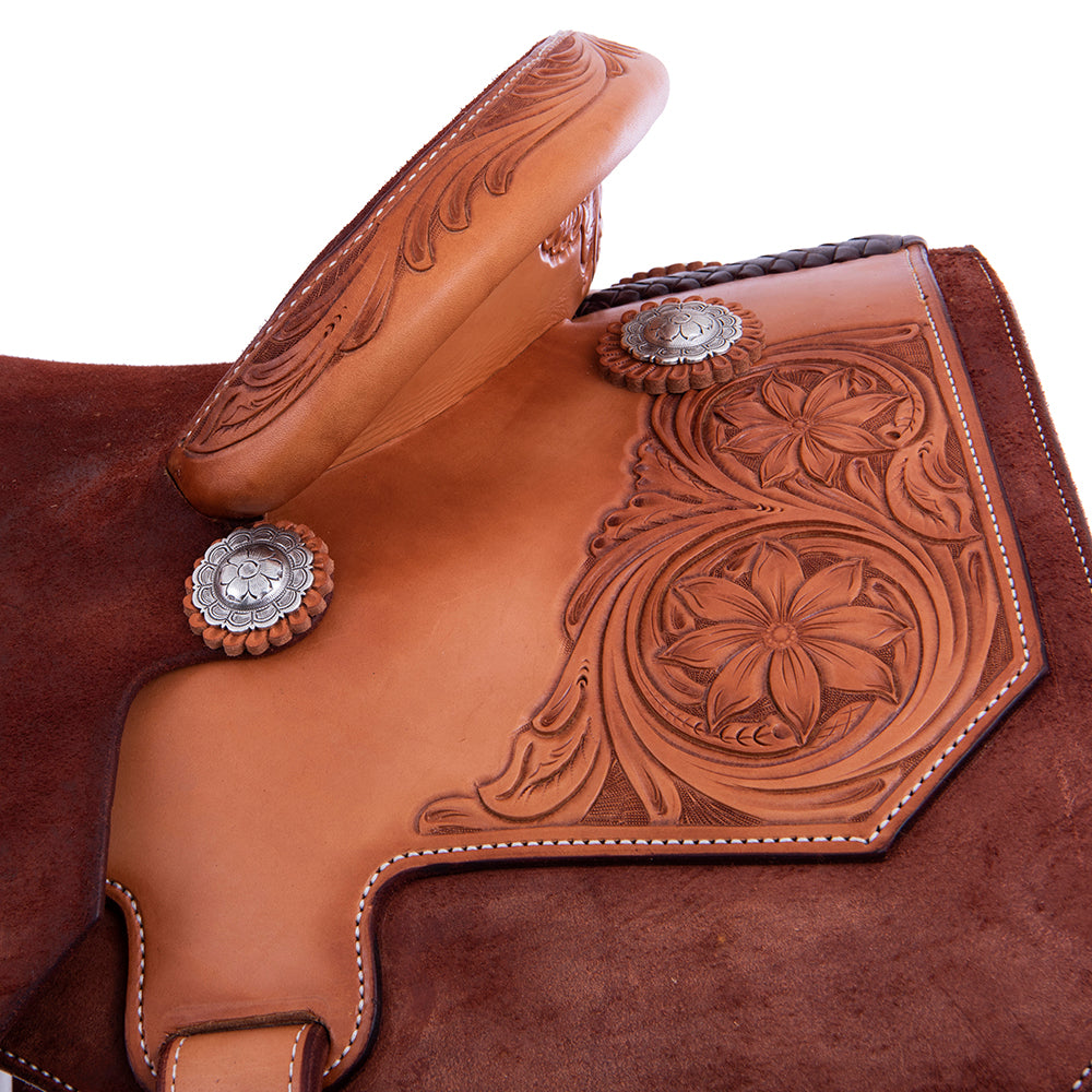 Chestnut and Russet Rope Saddle - Notched Skirts 1/4 Sunflower Tooling 14" Seat