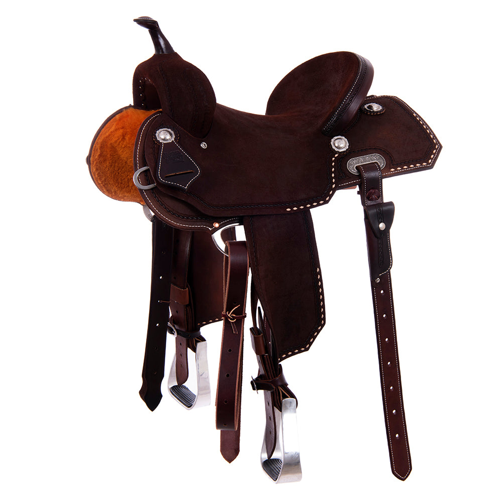 FULL CHOCOLATE ROUGHOUT BARREL SADDLE - NOTCHED SKIRTS ROPE BORDER AND NATURAL BUCKSTITCH CORNERS