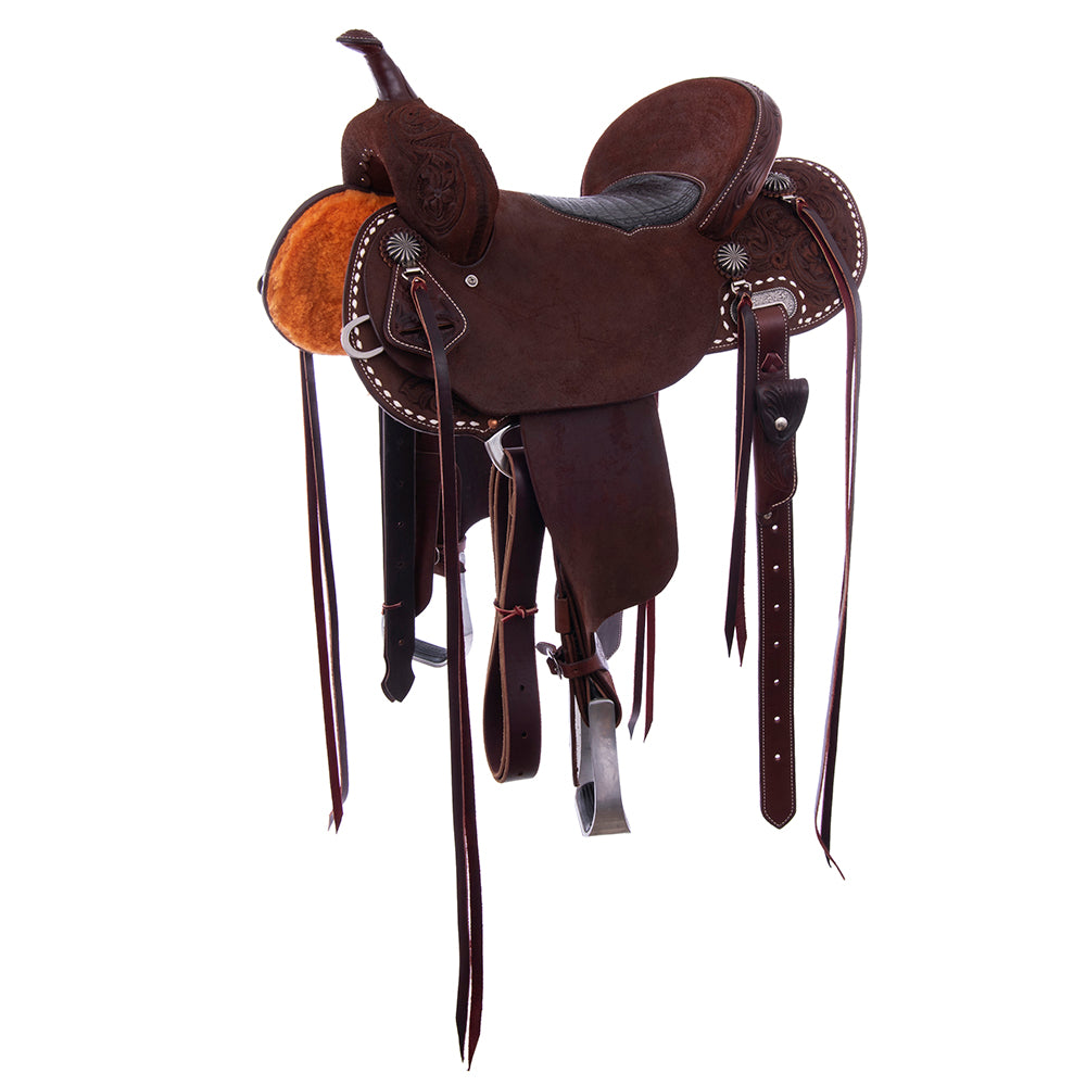 Chocolate Roughout Barrel Saddle- Round 7/8 D Daisy Full White Buckstitch Black Caiman Inlay