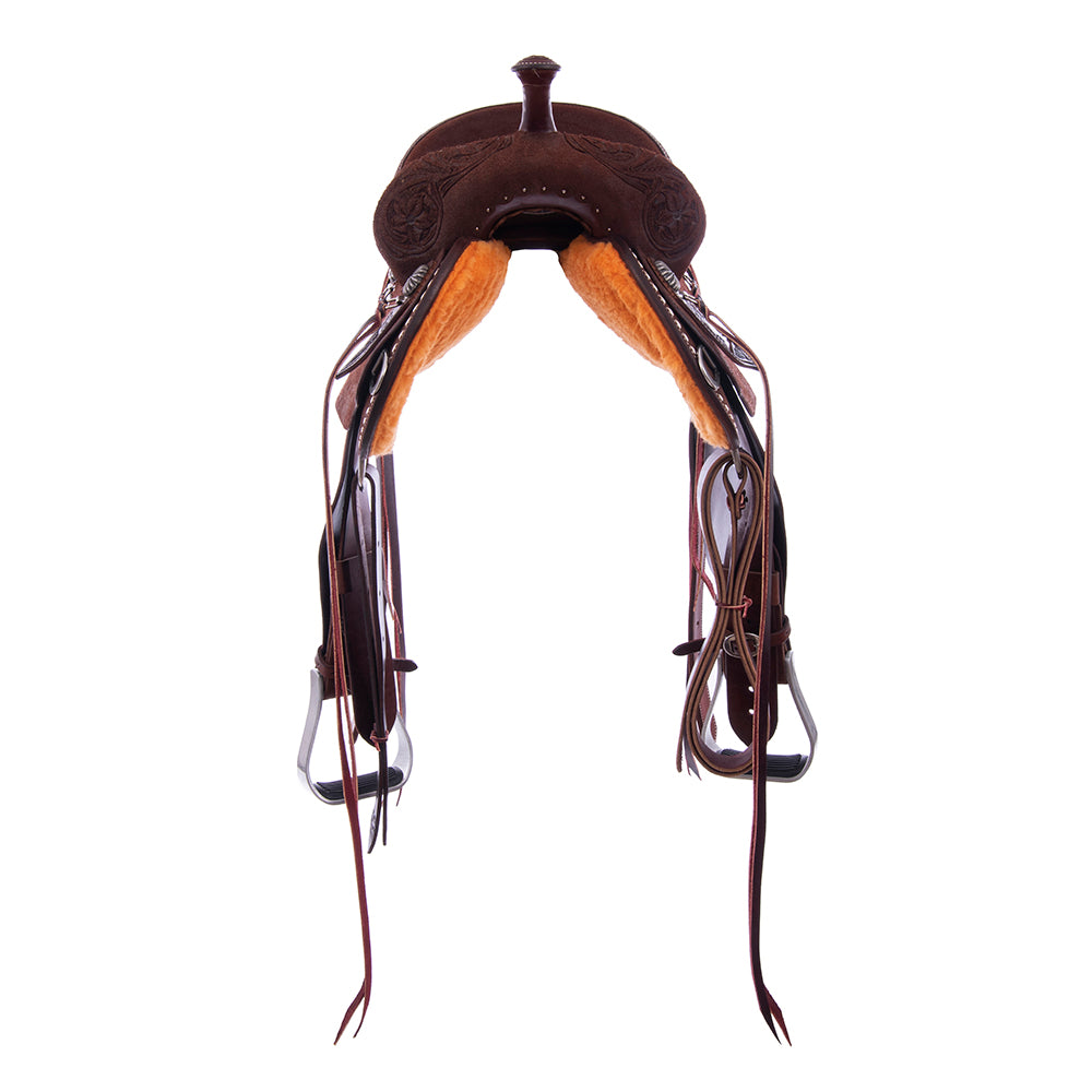 Chocolate Roughout Barrel Saddle- Round Skirts, 1/2 D Daisy; White Buckstitch Skirts- Cheyenne- Black Caiman Inlay