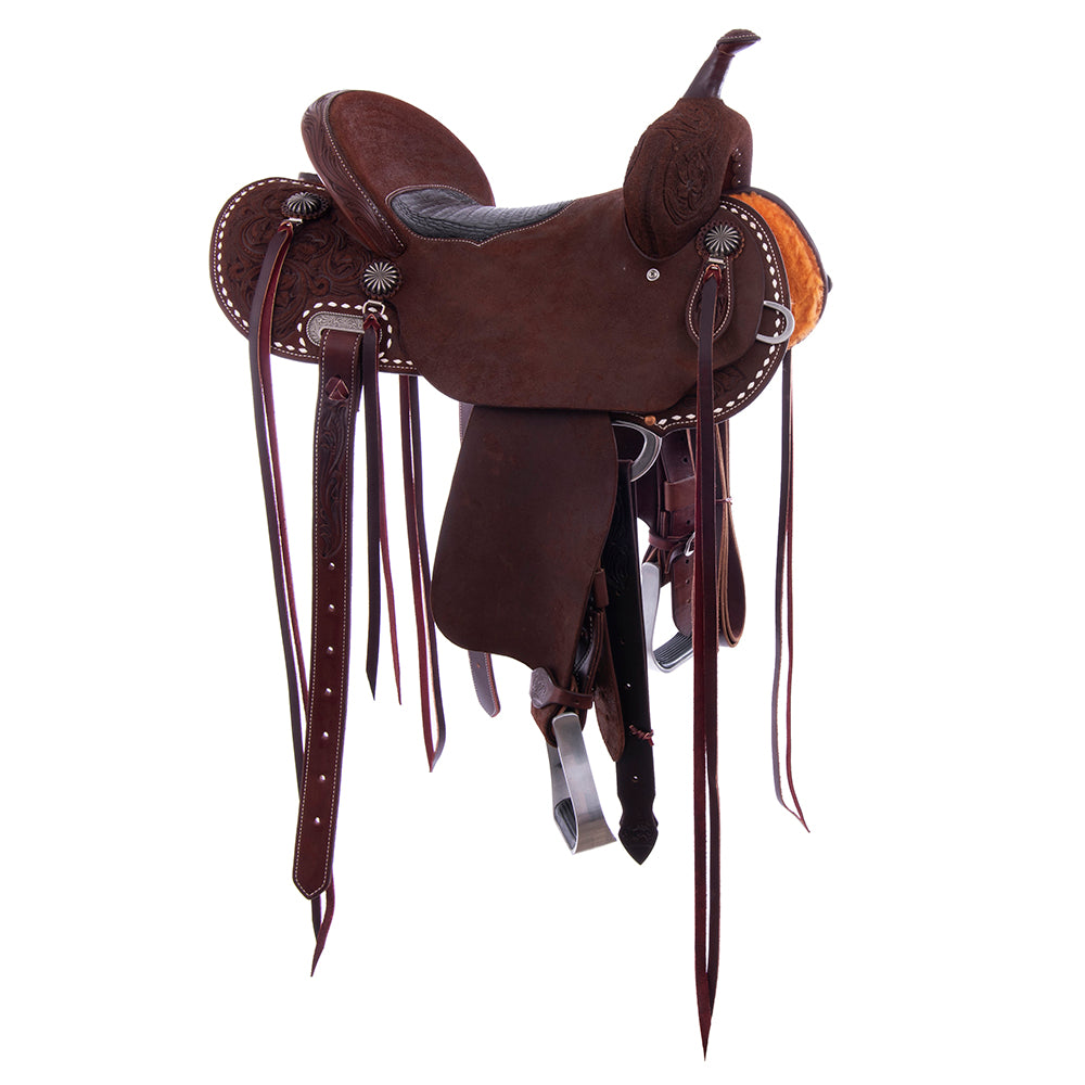 Chocolate Roughout Barrel Saddle- Round Skirts, 1/2 D Daisy; White Buckstitch Skirts- Cheyenne- Black Caiman Inlay