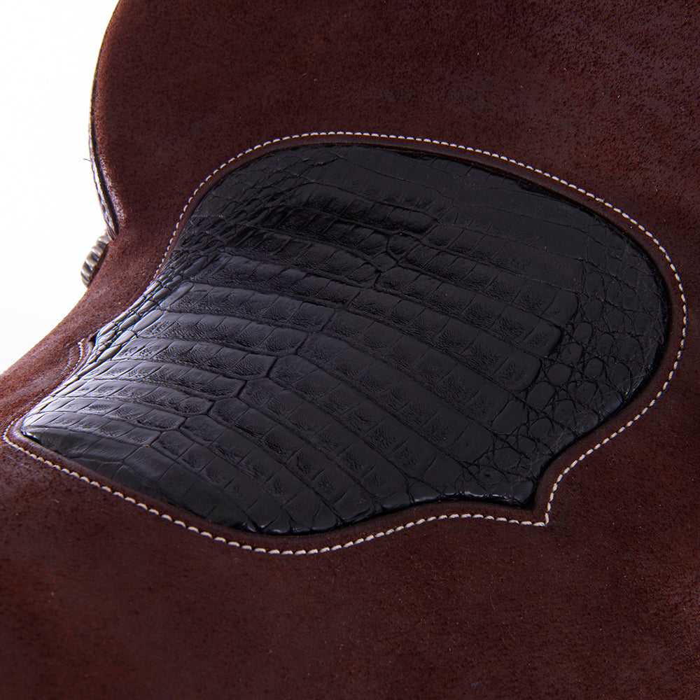 Chocolate Roughout Barrel Saddle- Round 7/8 D Daisy Full White Buckstitch Black Caiman Inlay