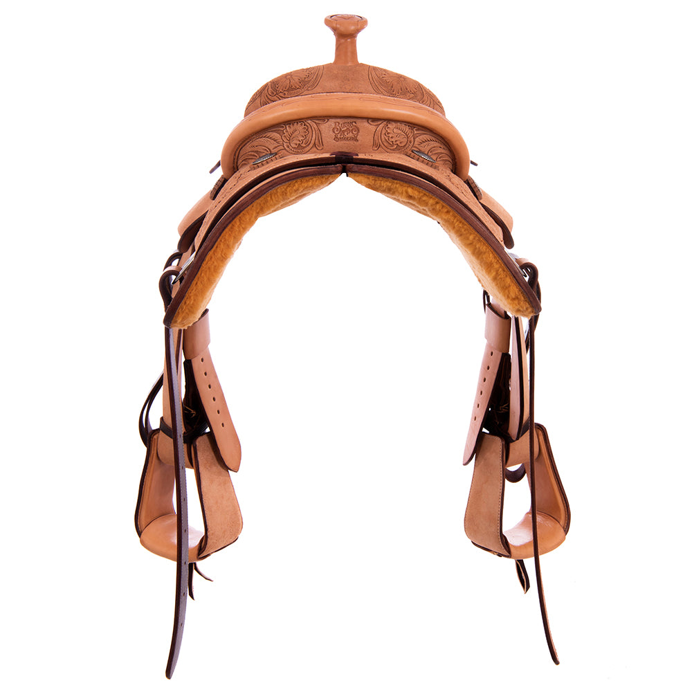 Burns Russet RO Team Roper - 1/4 WYO Floral Tooled - Full Chocolate Padded Seat