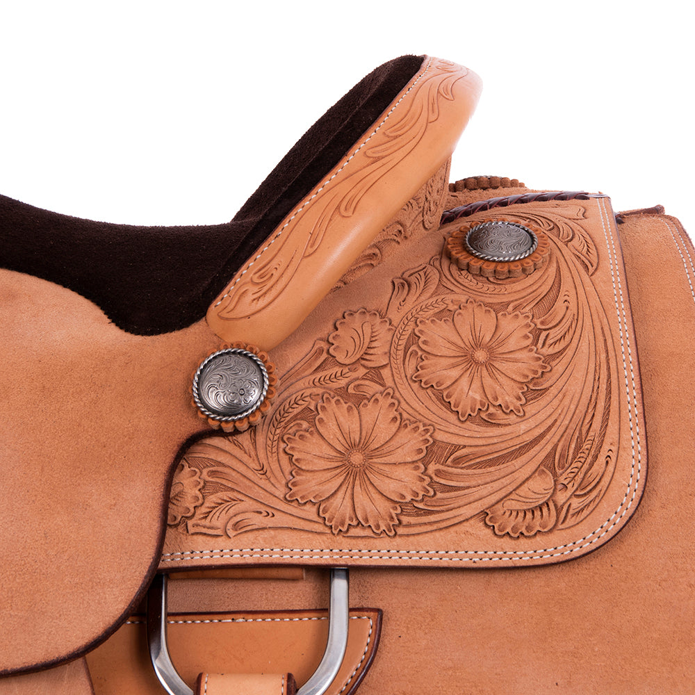 Burns Russet RO Team Roper - 1/4 WYO Floral Tooled - Full Chocolate Padded Seat