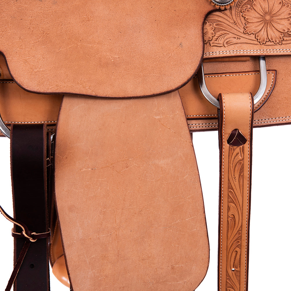 Burns Russet RO Team Roper - 1/4 WYO Floral Tooled - Full Chocolate Padded Seat