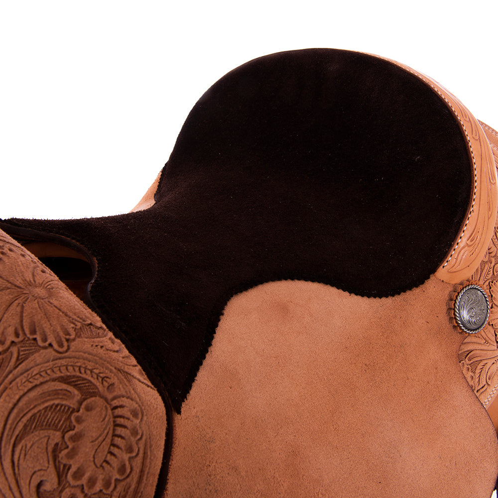 Burns Russet RO Team Roper - 1/4 WYO Floral Tooled - Full Chocolate Padded Seat