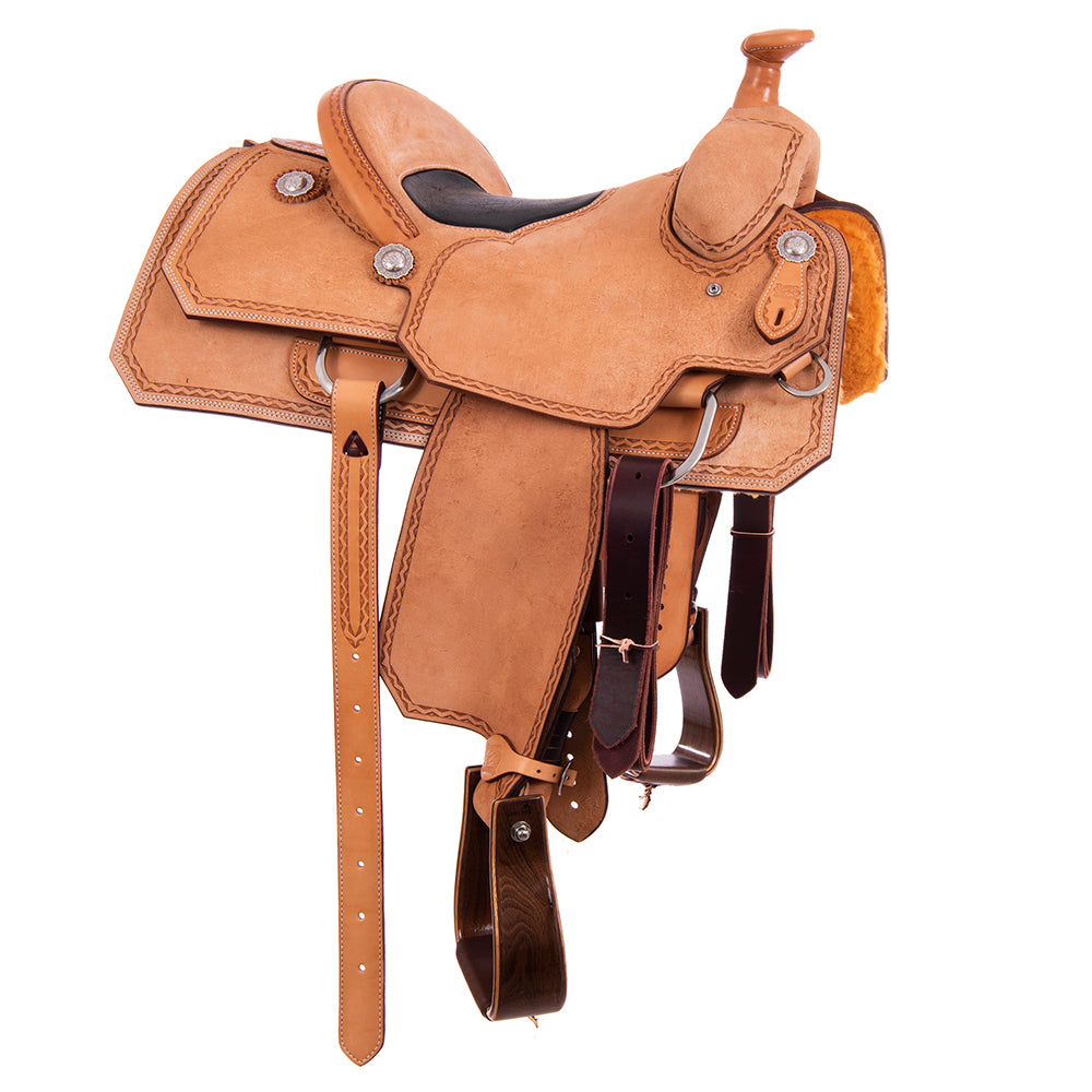 Burns Russet RO Team Roper Saddle - Notched - Aztec Border - Black Bison Inlay