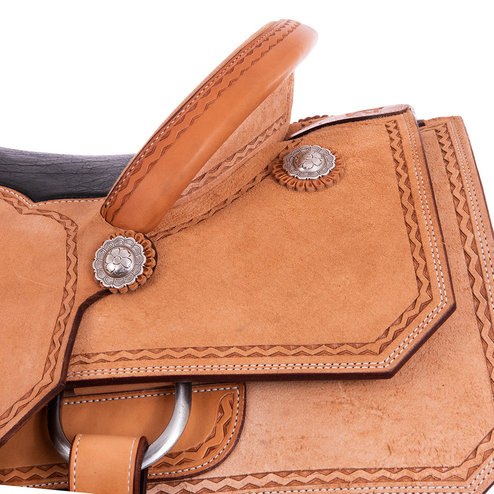Burns Russet RO Team Roper Saddle - Notched - Aztec Border - Black Bison Inlay