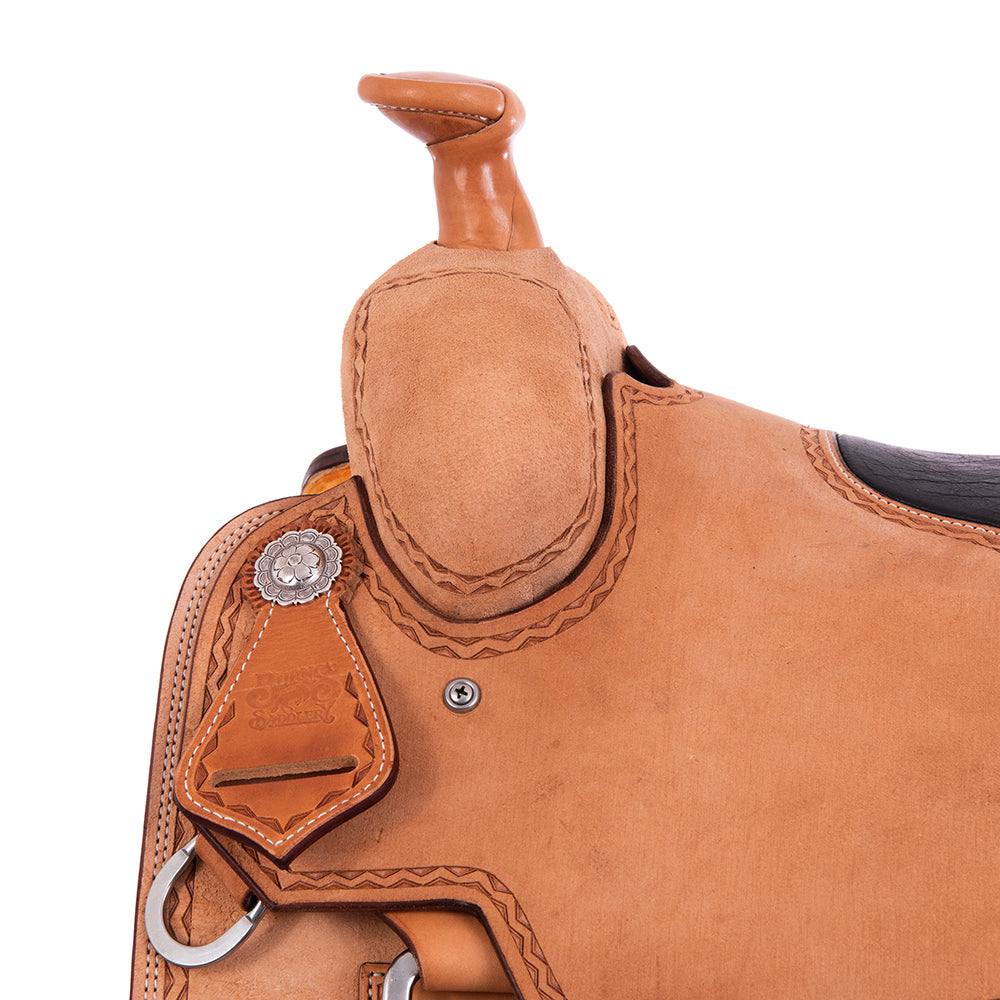 Burns Russet RO Team Roper Saddle - Notched - Aztec Border - Black Bison Inlay
