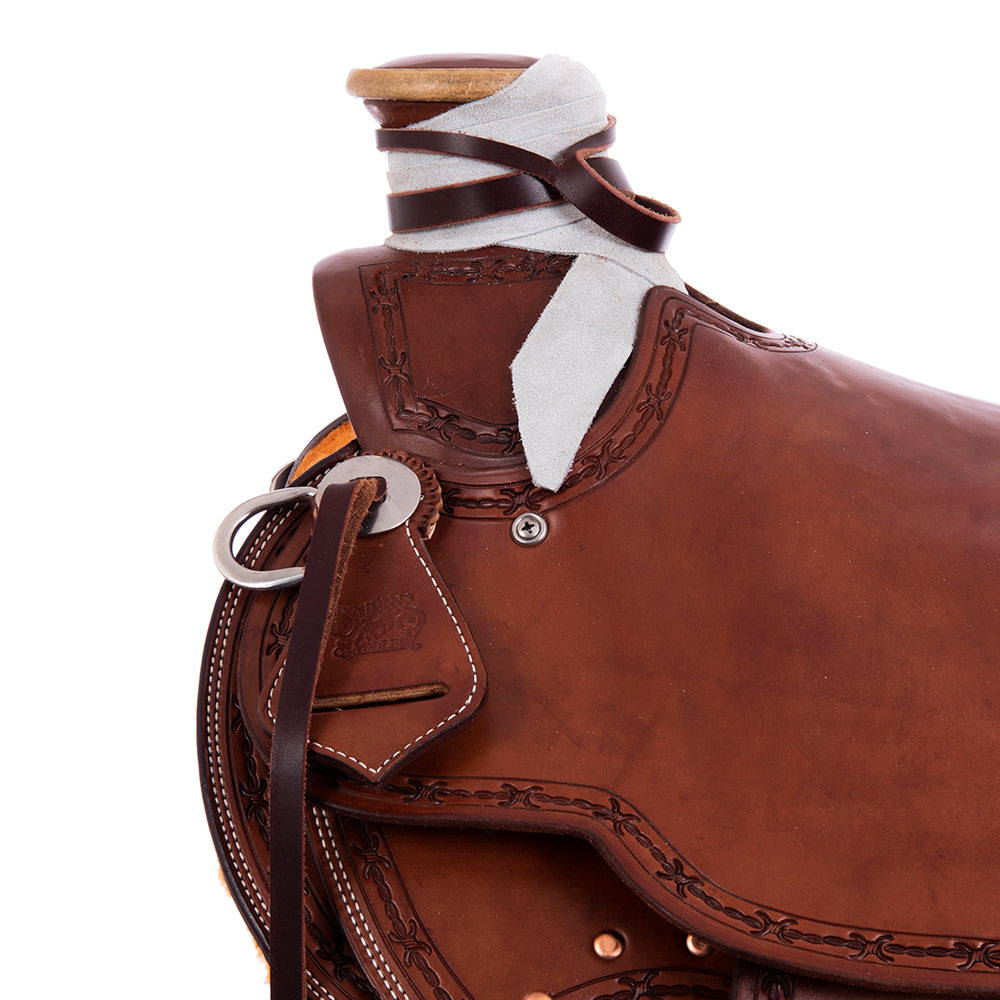 Chocolate SO Ranch Saddle- Kidney Bean- Full Barbwire Border- Cheyenne Rawhide- Hard Seat