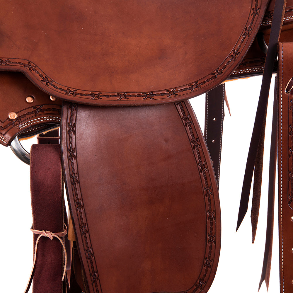 Chocolate SO Ranch Saddle- Kidney Bean- Full Barbwire Border- Cheyenne Rawhide- Hard Seat