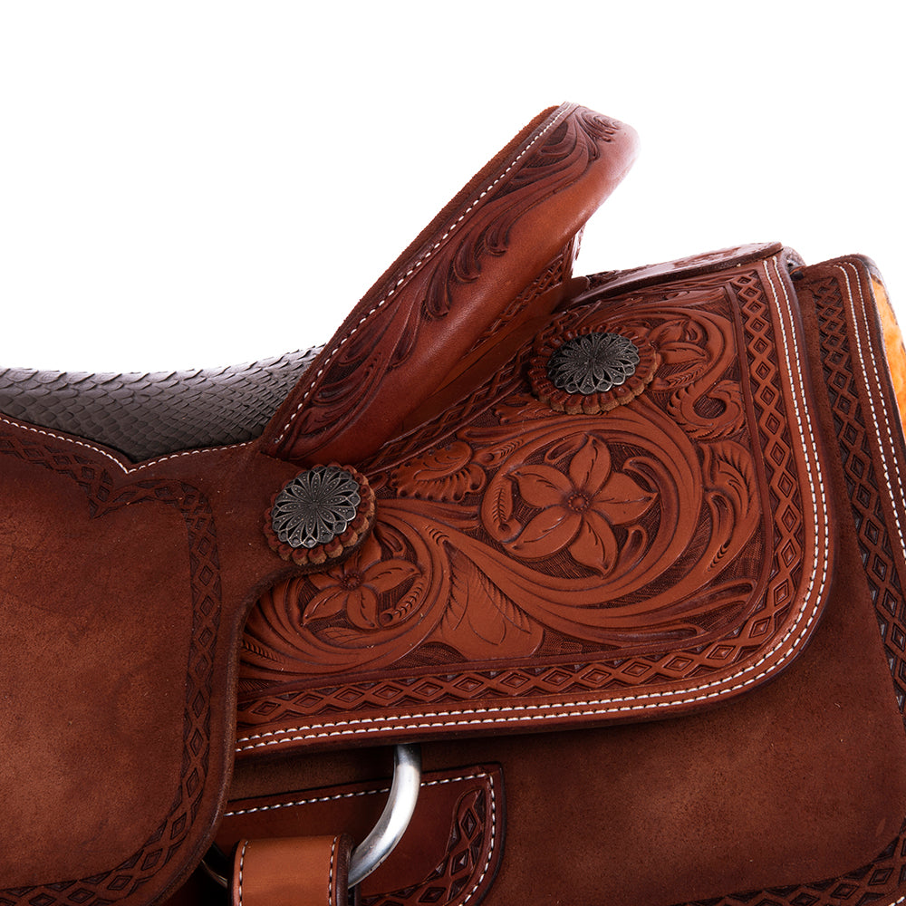 Burns Chestnut SO/RO Team Roper - Conventional - 1/4 D. Daisy Full DHD Border - Grey Python Inlay