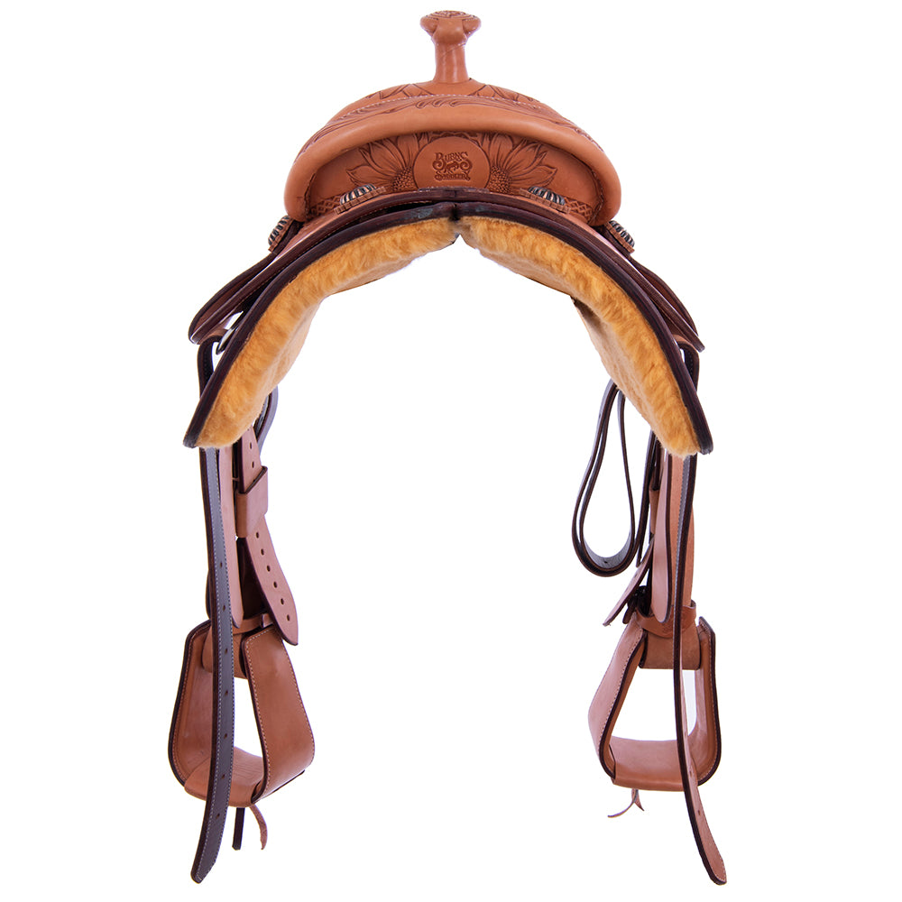 Team Roping Saddle - Russet Leather, Smooth/Roughout, 1/2 Sunny Daze Tooling with DHD Border