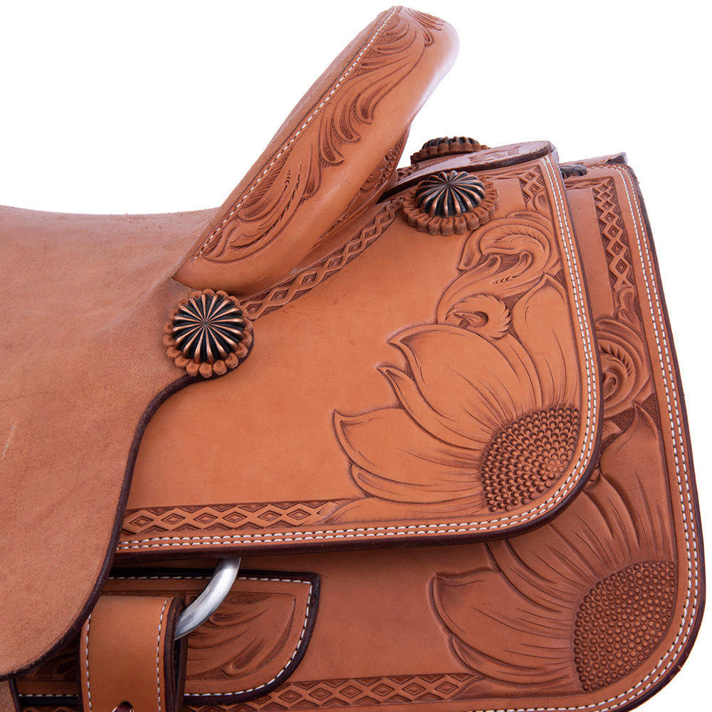 Team Roping Saddle - Russet Leather, Smooth/Roughout, 1/2 Sunny Daze Tooling with DHD Border