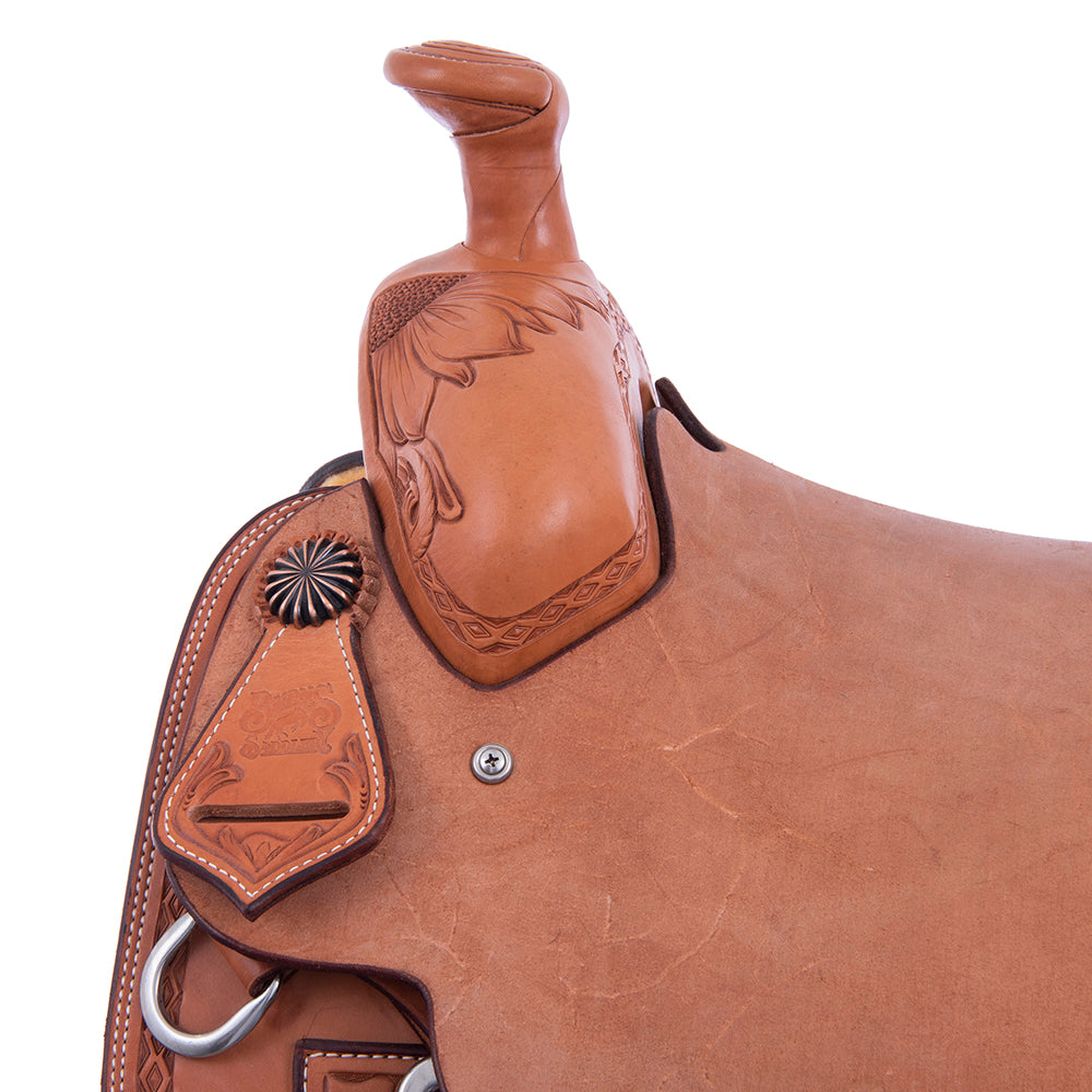 Team Roping Saddle - Russet Leather, Smooth/Roughout, 1/2 Sunny Daze Tooling with DHD Border