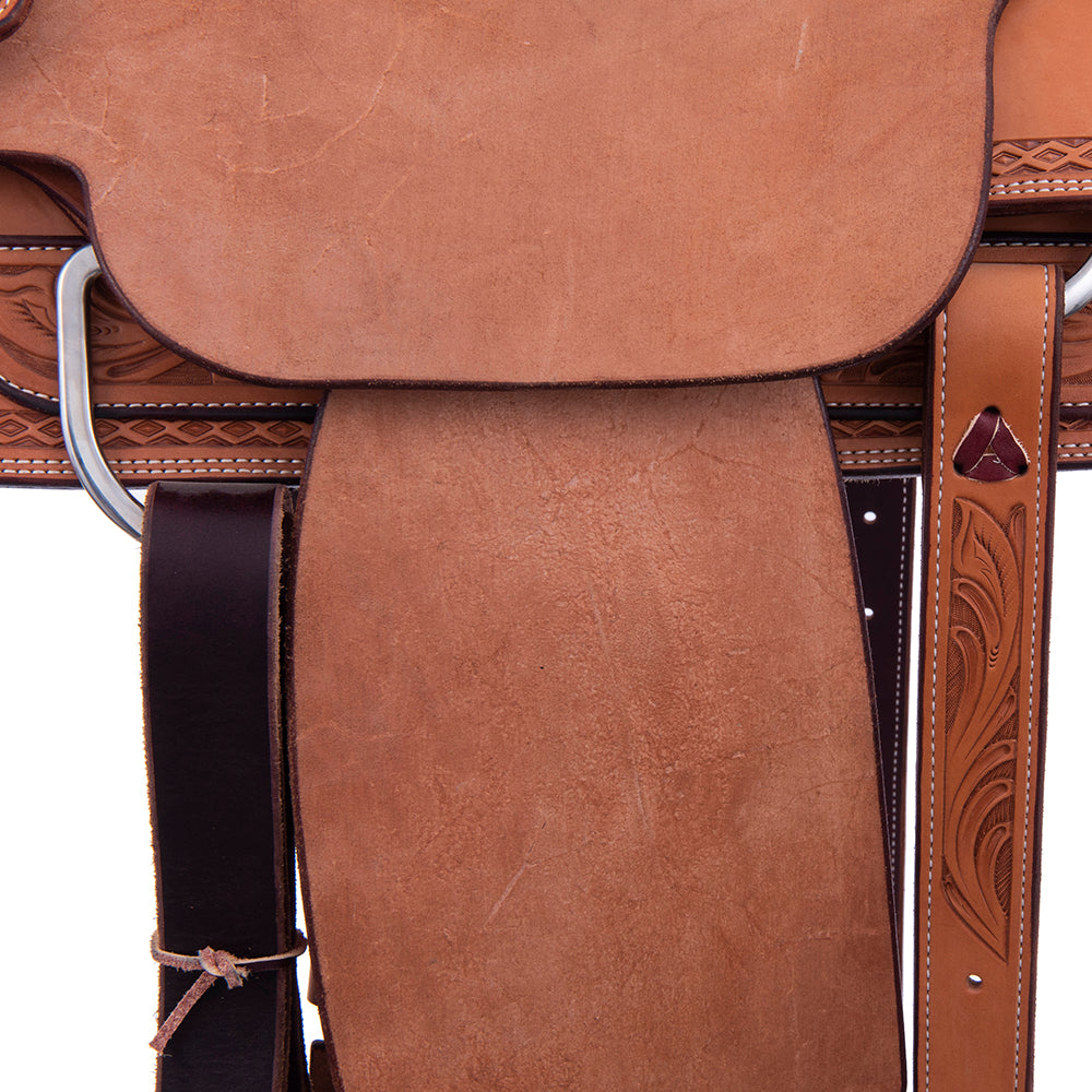 Team Roping Saddle - Russet Leather, Smooth/Roughout, 1/2 Sunny Daze Tooling with DHD Border