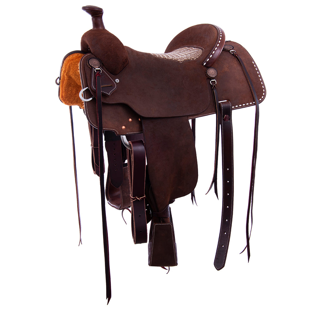 Chocolate Roughout Rope Saddle- White Buckstitch, Cheyenne, Caiman Inlay