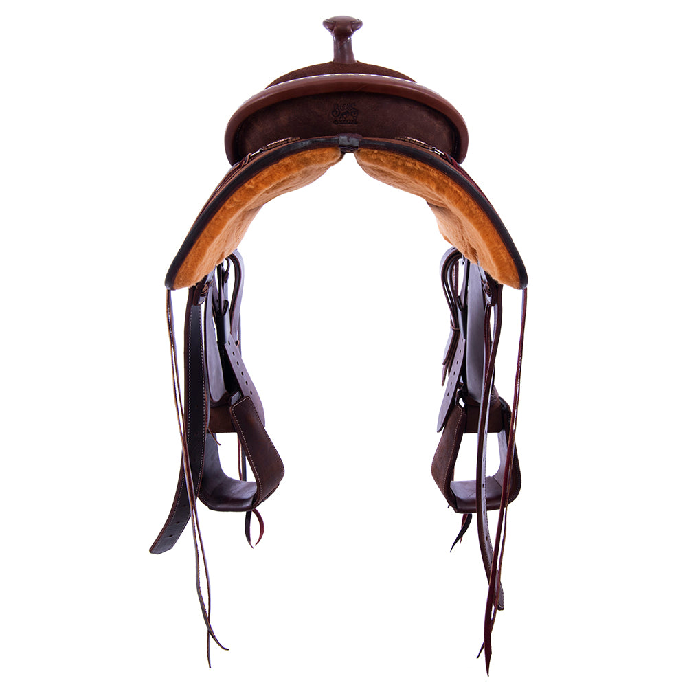 Chocolate Roughout Rope Saddle- White Buckstitch, Cheyenne, Caiman Inlay