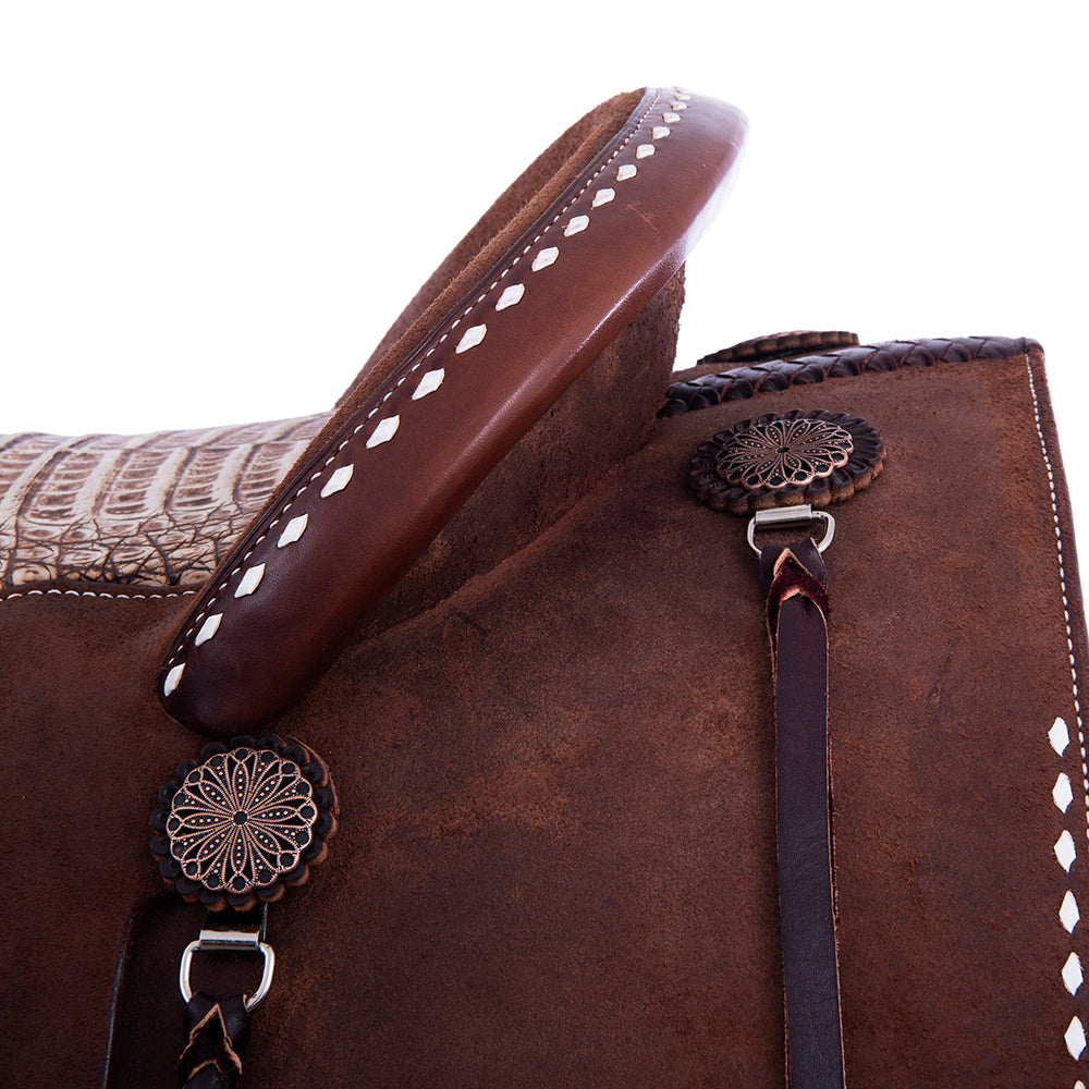 Chocolate Roughout Rope Saddle- White Buckstitch, Cheyenne, Caiman Inlay