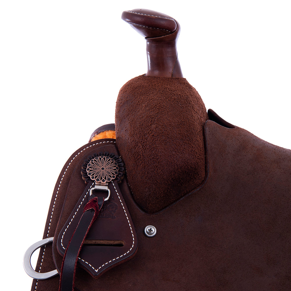 Chocolate Roughout Rope Saddle- White Buckstitch, Cheyenne, Caiman Inlay