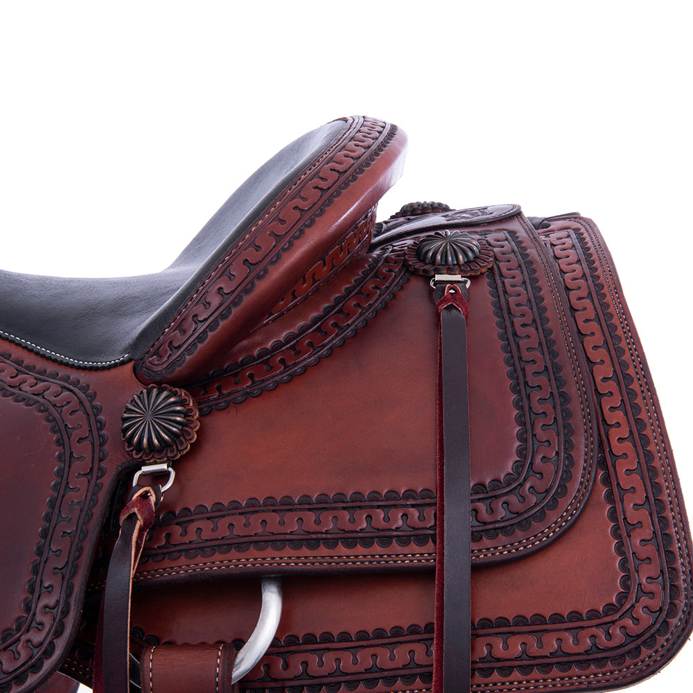 Chestnut Smooth Ranch Cutter Saddle- Kidney Bean Skirts, Deluxe Snake Border, Black Bison Full Pad