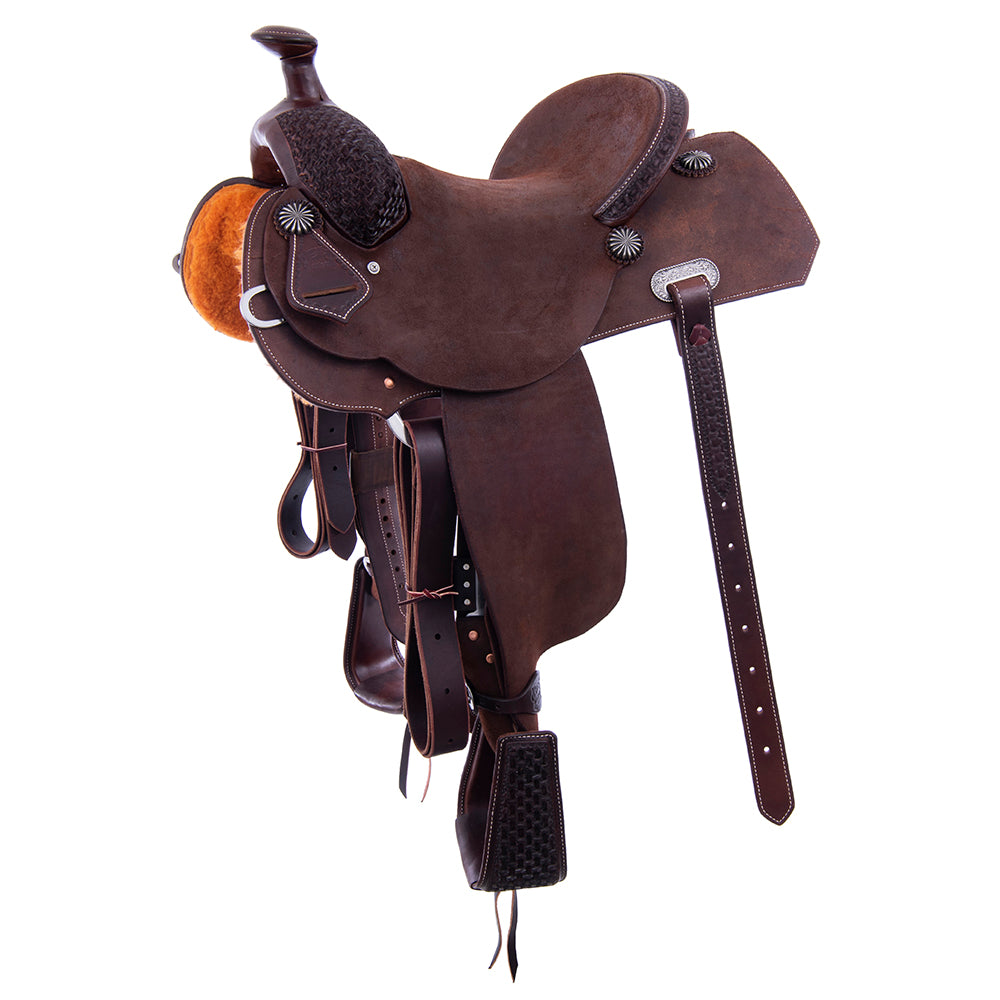 1/8 Smooth Chocolate 7/8 Roughout Lightweight Versatility Saddle- Notched Skirts, 1/8 Axe Tooling, Cheyenne Roll, Hard Seat