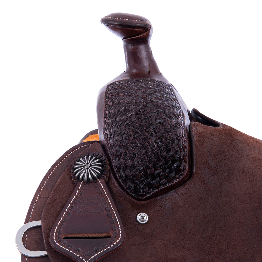 1/8 Smooth Chocolate 7/8 Roughout Lightweight Versatility Saddle- Notched Skirts, 1/8 Axe Tooling, Cheyenne Roll, Hard Seat