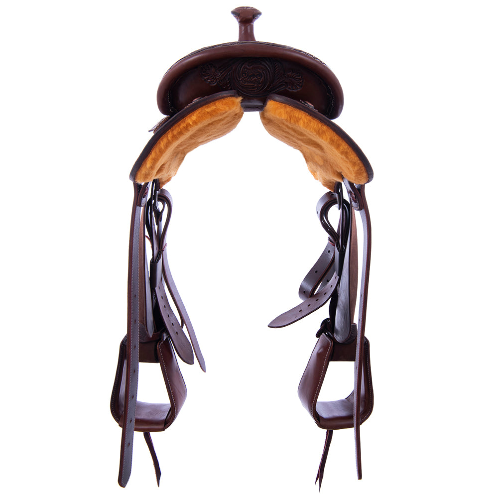 1/2 Chocolate Smooth 1/2 Roughout Lightweight Versatility Saddle- Round Skirts, D Daisy Floral Corners, Cheyenne