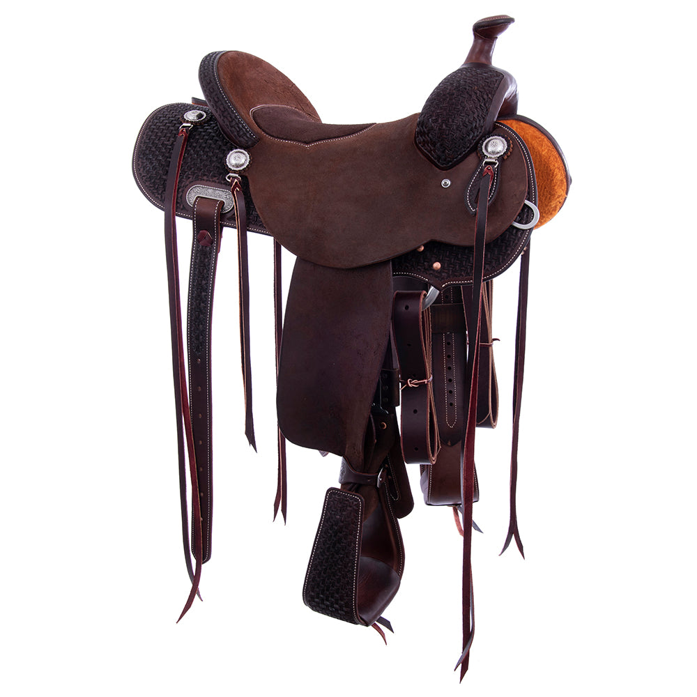 1/2 Smooth 1/2 Roughout Chocolate Lightweight Versatility Saddle- Round Skirts, 1/2 Axe, Cheyenne, Chocolate Suede Inlay