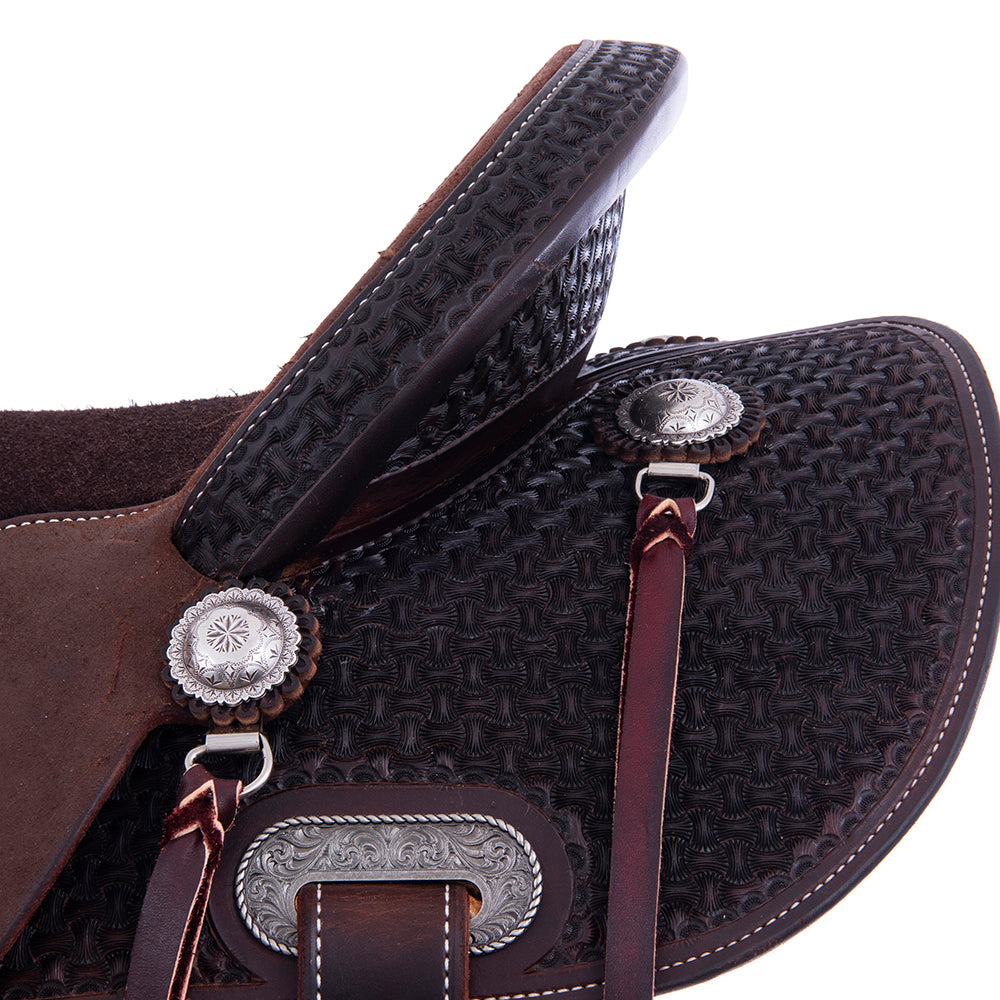 1/2 Smooth 1/2 Roughout Chocolate Lightweight Versatility Saddle- Round Skirts, 1/2 Axe, Cheyenne, Chocolate Suede Inlay