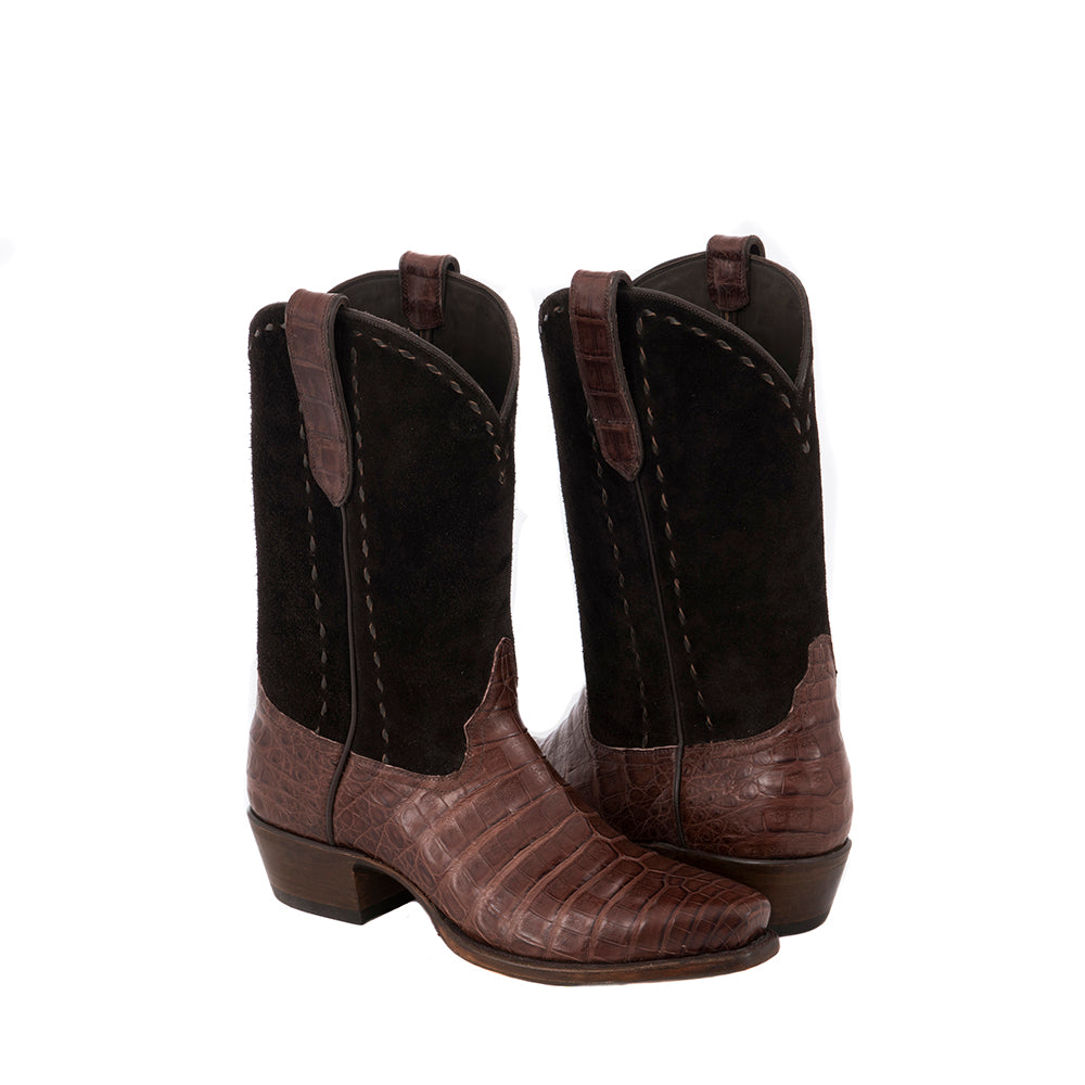 Men's Brown Caiman Belly Cowboy Boot CH RO Top Buckstitch