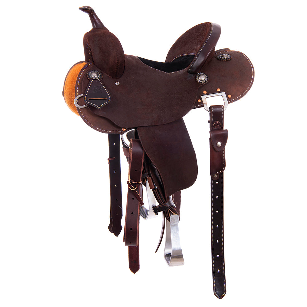 Burns Chocolate RO Barrel Saddle - Round - No Tooling - Black Flat Leather Inlay