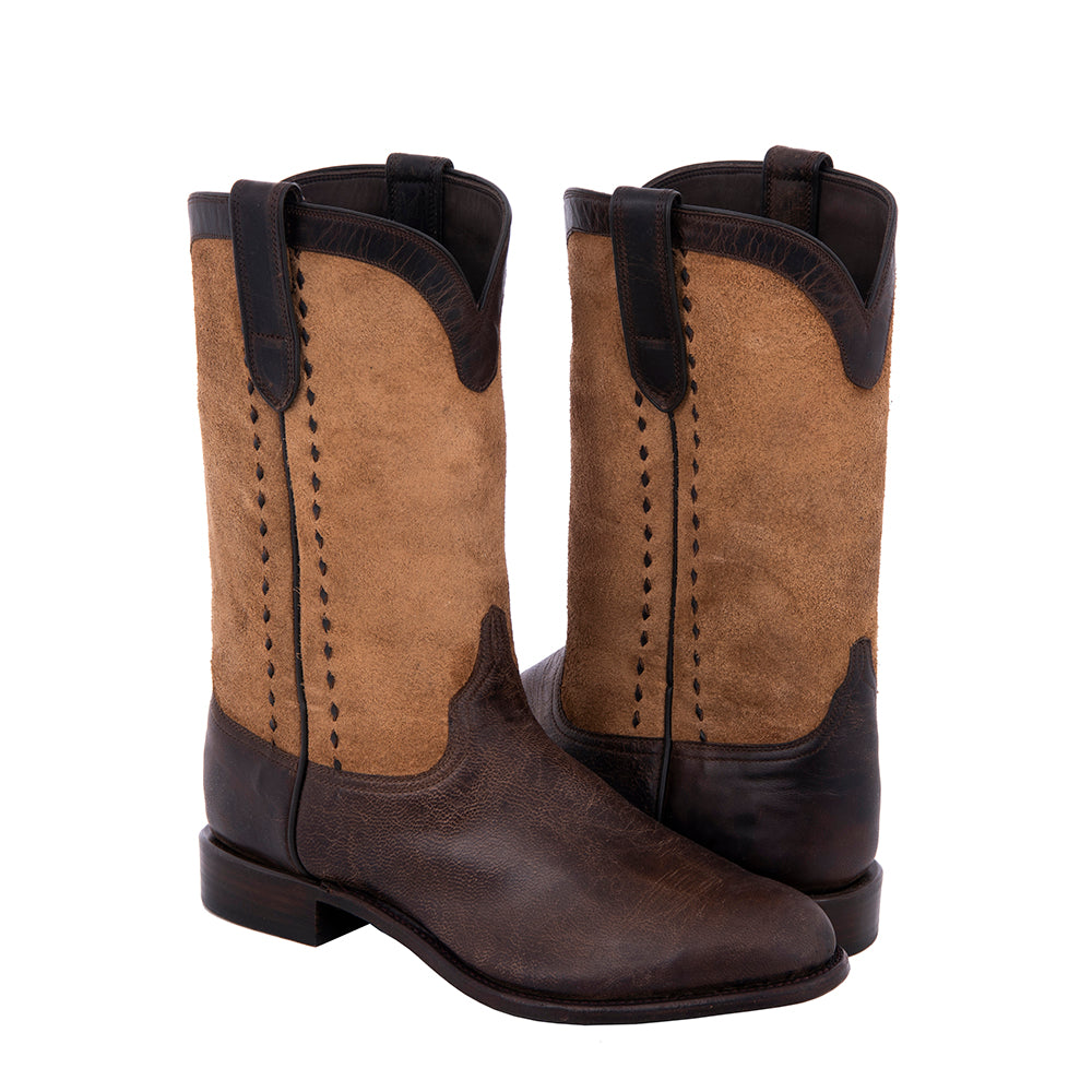 Mens Cowboy 12" Tobac Goat Tan Roughout With Buckstitch