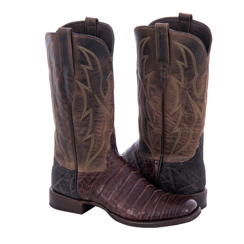 Ladies Cowboy 12" Dark Brown Oily Caiman Belly Tobac Goat Top Crown Stitch