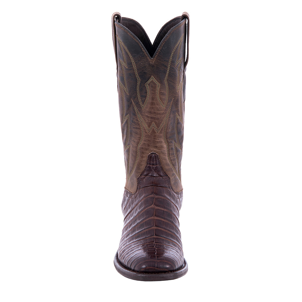 Ladies Cowboy 12" Dark Brown Oily Caiman Belly Tobac Goat Top Crown Stitch