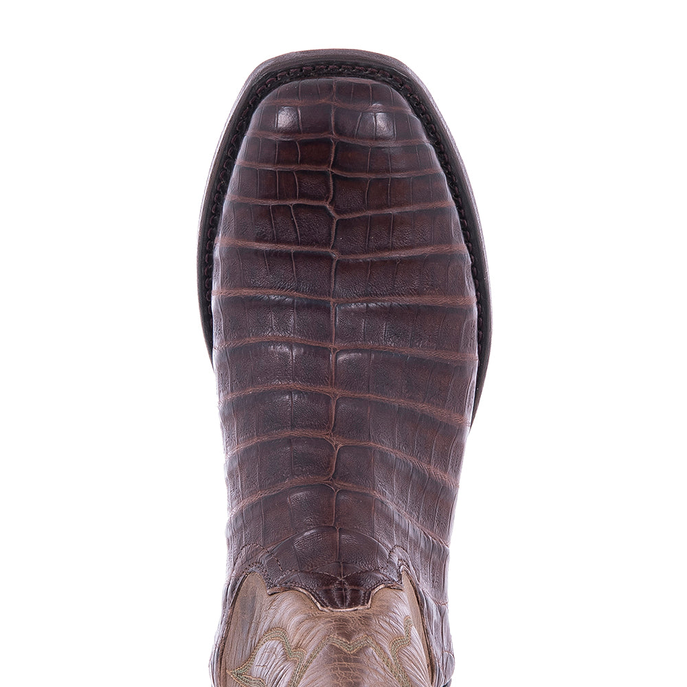 Ladies Cowboy 12" Dark Brown Oily Caiman Belly Tobac Goat Top Crown Stitch