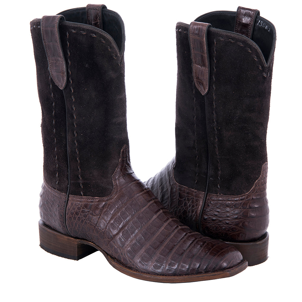 Men's Cowboy 12" Chocolate Caiman Belly Chocolate RO Full Buckstitch