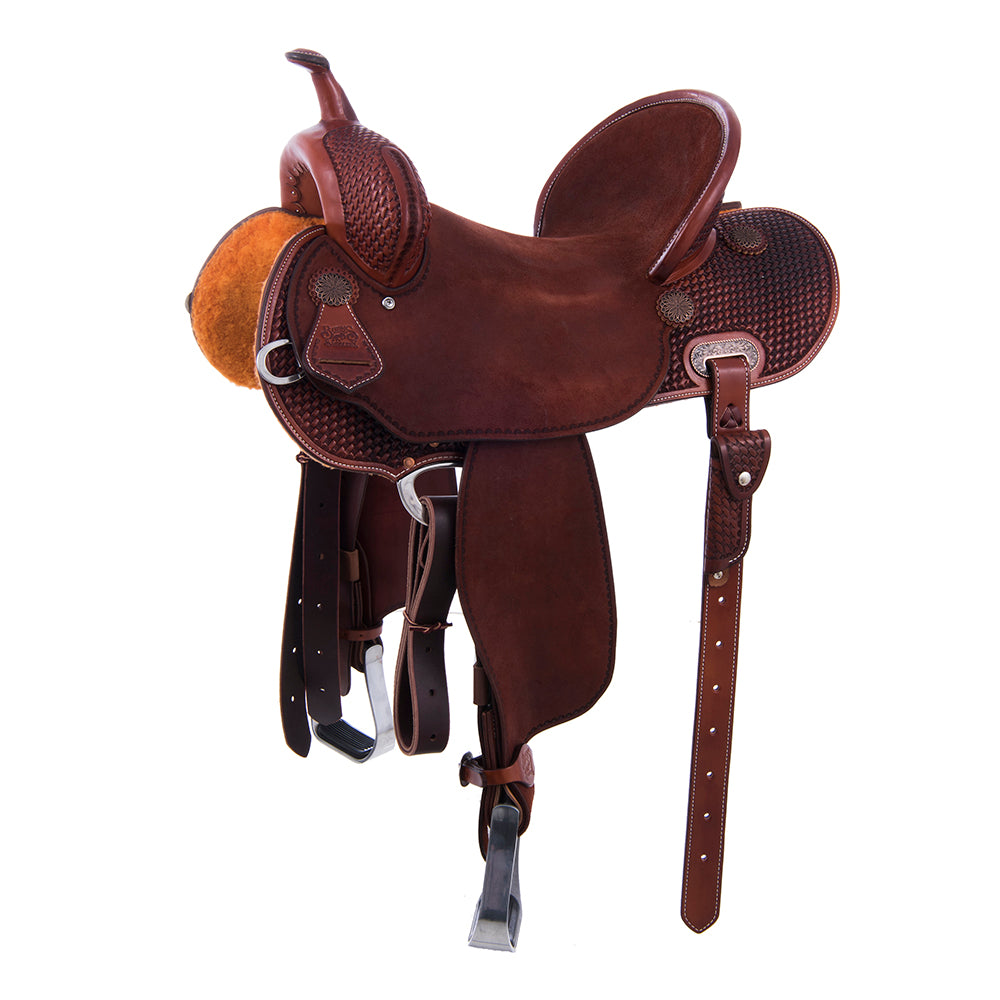 1/2 Smooth Chestnut 1/2 Roughout Barrel Saddle- Round skirts, 1/2 Basket 1/2 Camo Border, Pencil Roll