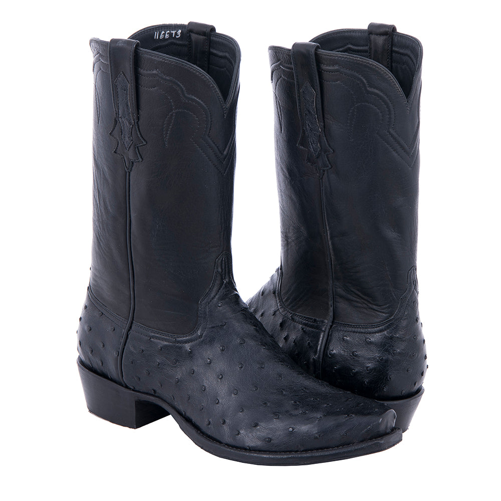 Men's 12" Cowboy Black Full Quill Ostrich Black Aniline Top Corded
