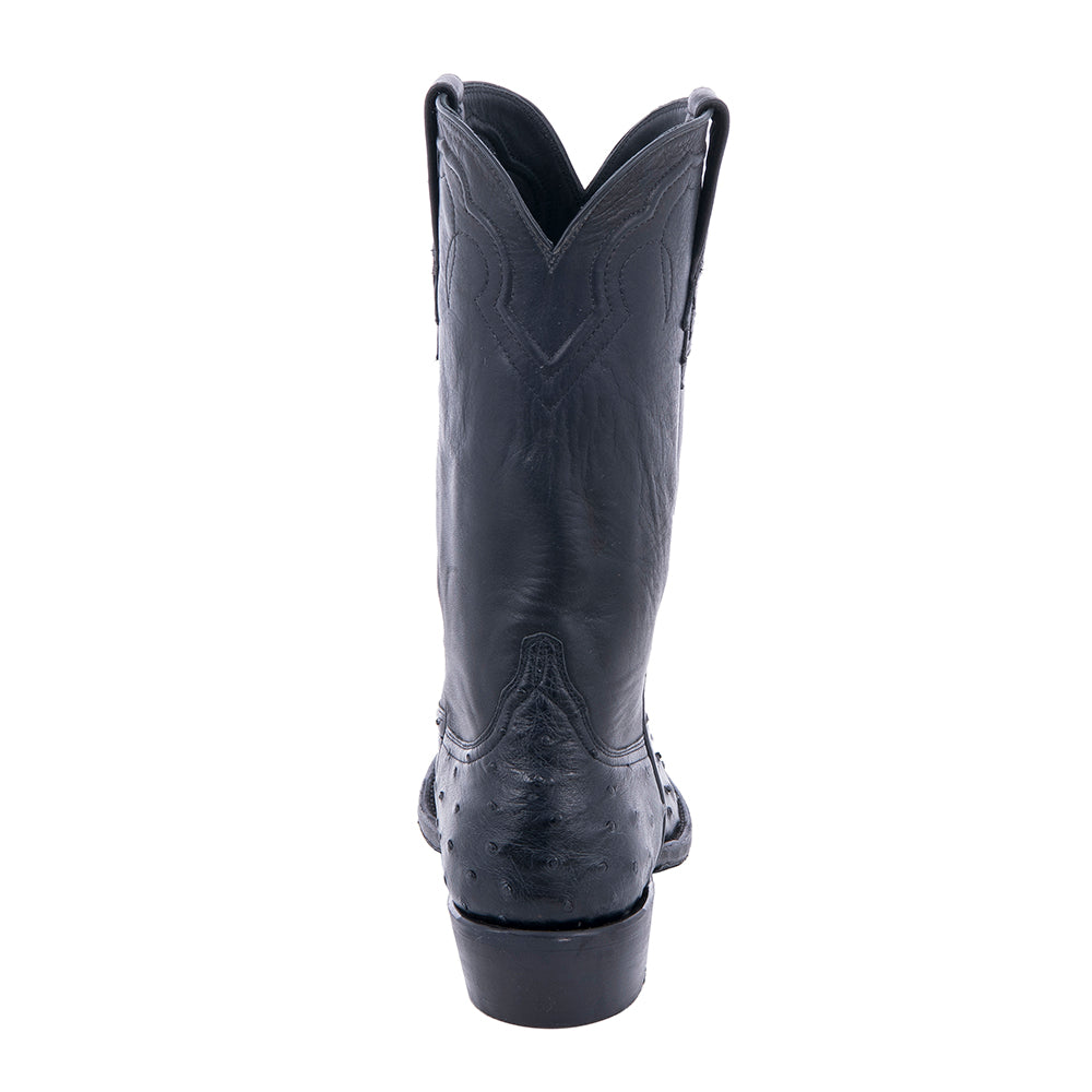 Men's 12" Cowboy Black Full Quill Ostrich Black Aniline Top Corded
